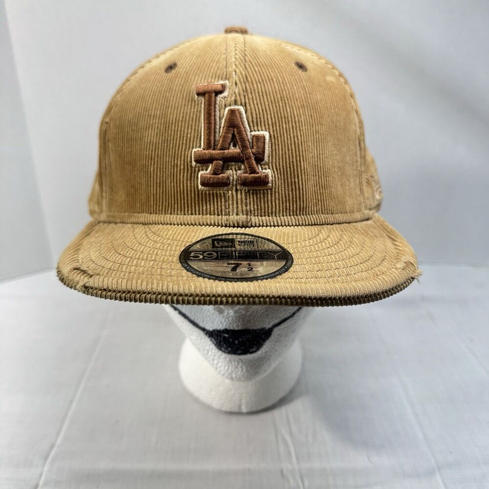 New Era 59Fifty LA Dodgers Corduroy Fitted Hat Size 7 1/2 Brown Distressed